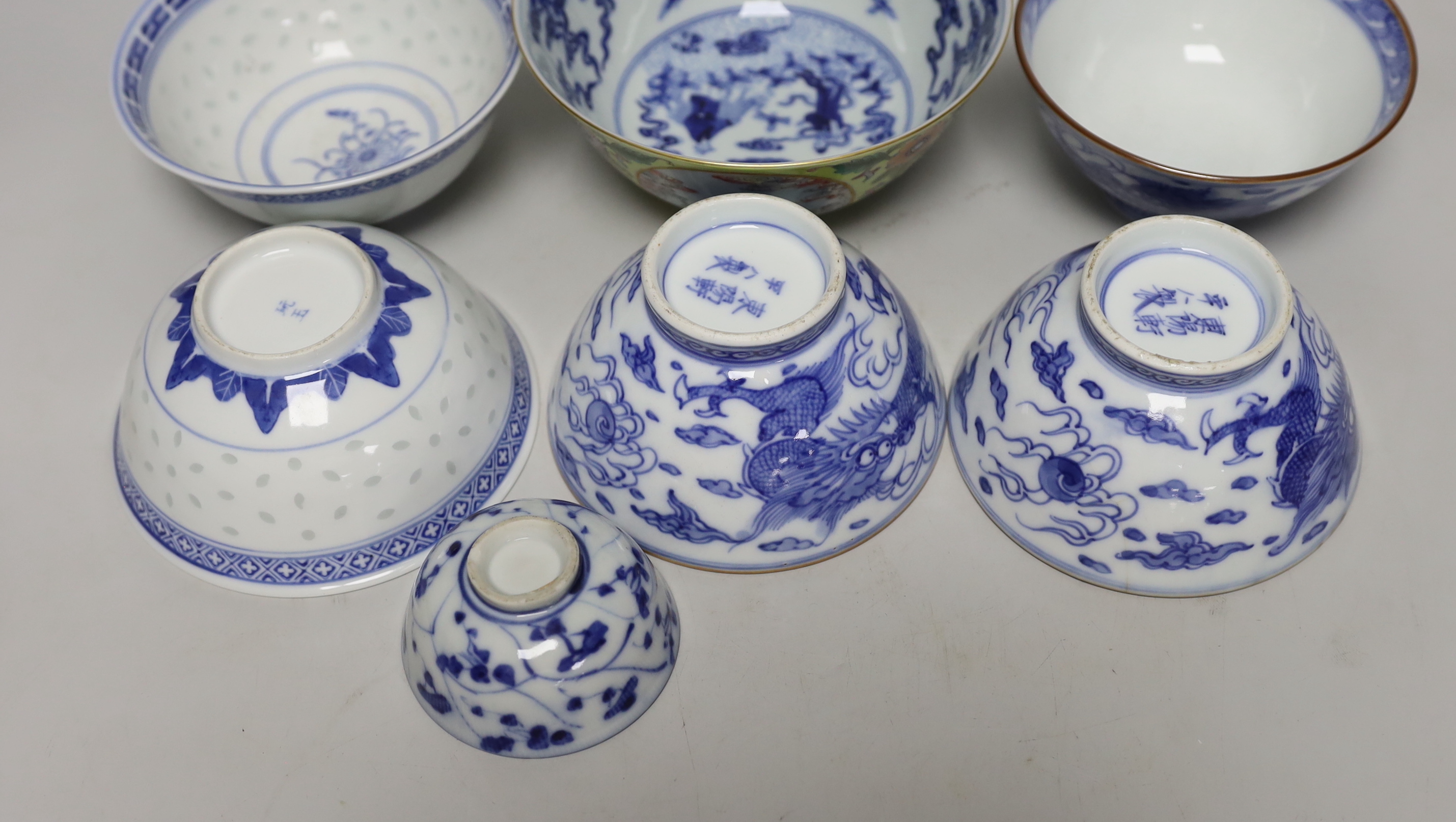 A group of seven Chinese porcelain bowls, largest 15cm diameter